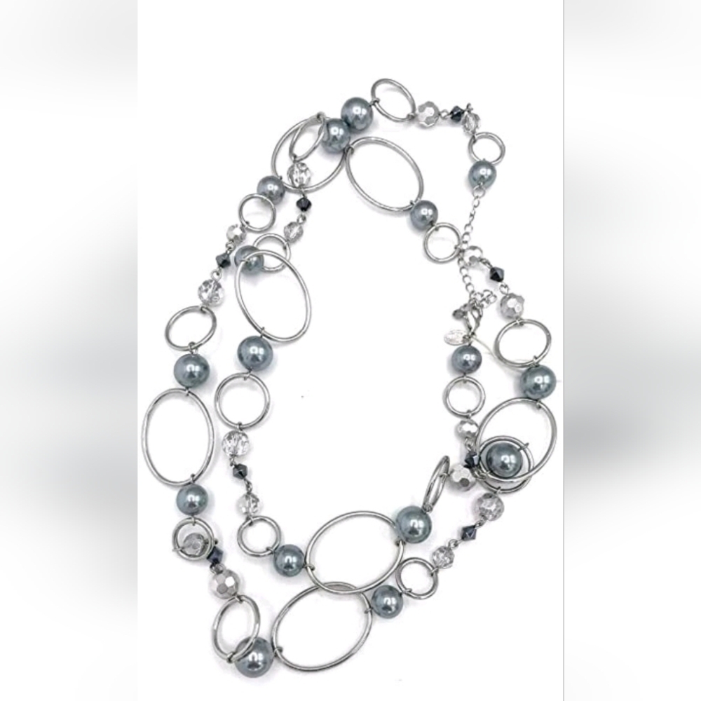 Lia Sophia "Alpine” Silver/Gray Glass Pearls & Resin Beads Long Necklace